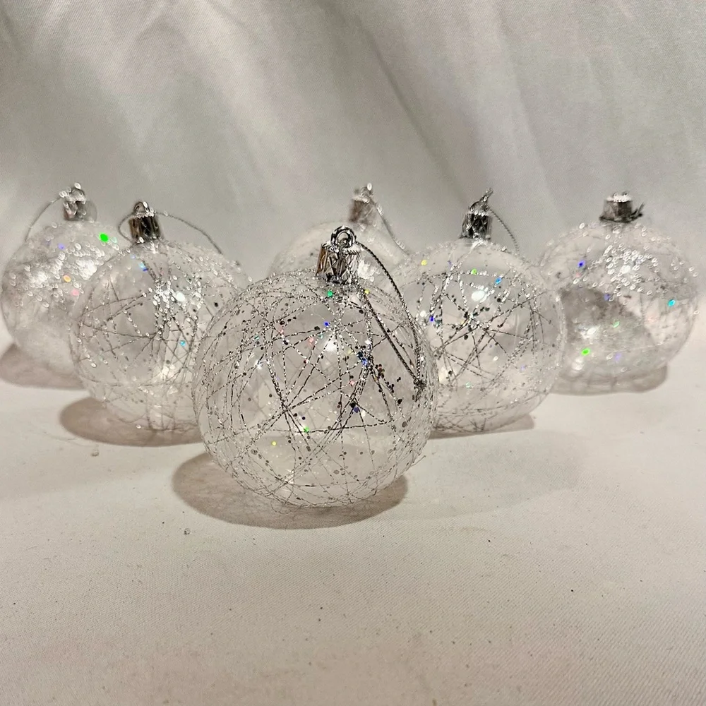 Vintage Silver Iridescent Glitter Shatterproof Holiday Ornaments- Set of 6